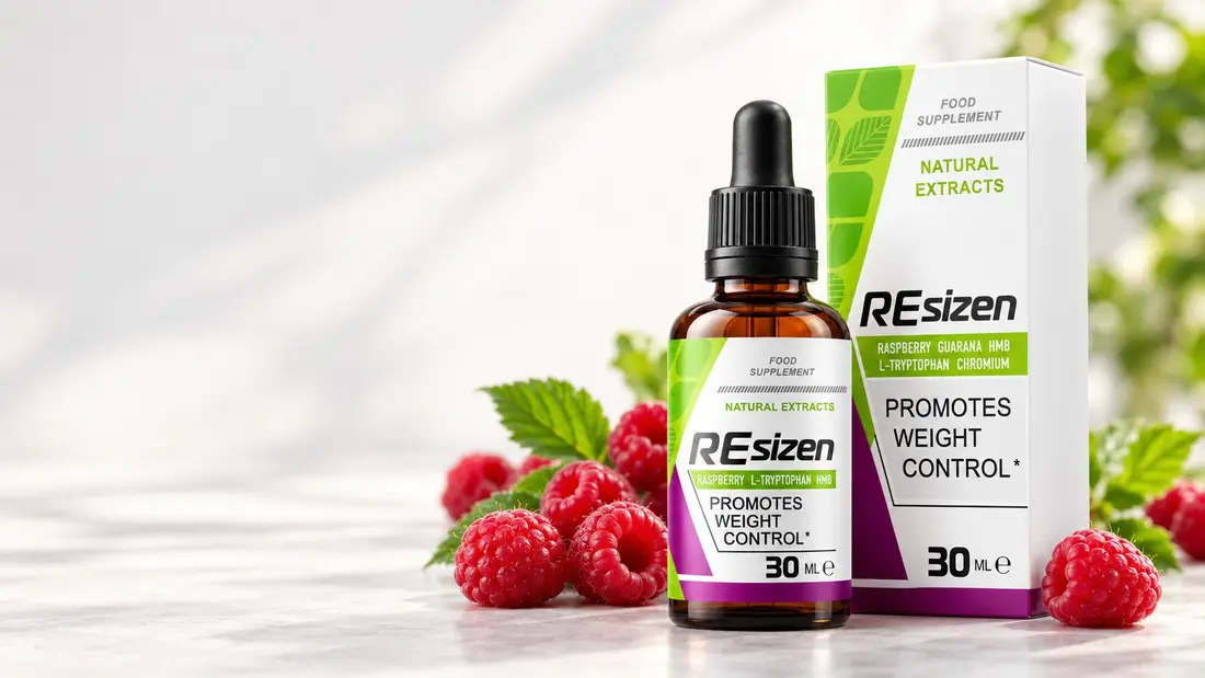 Resizen — flacon de 30 ml avec compte-gouttes et étui à côté de framboises fraîches