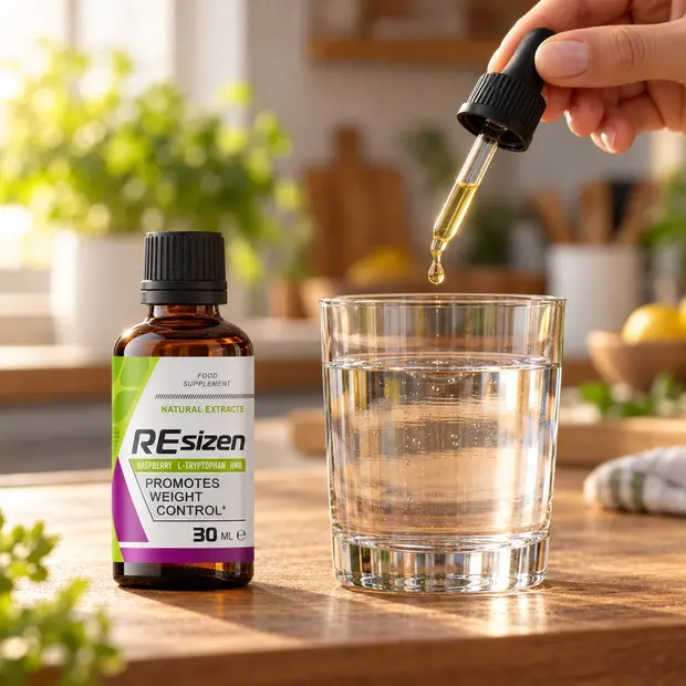 Dosage des gouttes de Resizen au compte-gouttes au-dessus d'un verre d'eau